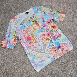 Talbots Short Sleeve Sweater Small Italian Summer  Village Painting Top Cotton